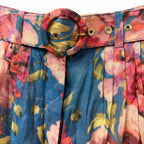 Zimmermann Floral High Rise Wide Leg Ramie Pants Belted Teal Pink AU 0 / US 4