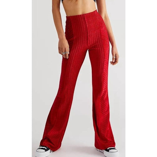 NWT Free People Slim Pull On Velvet Flare Pants in Red Womens Size Large