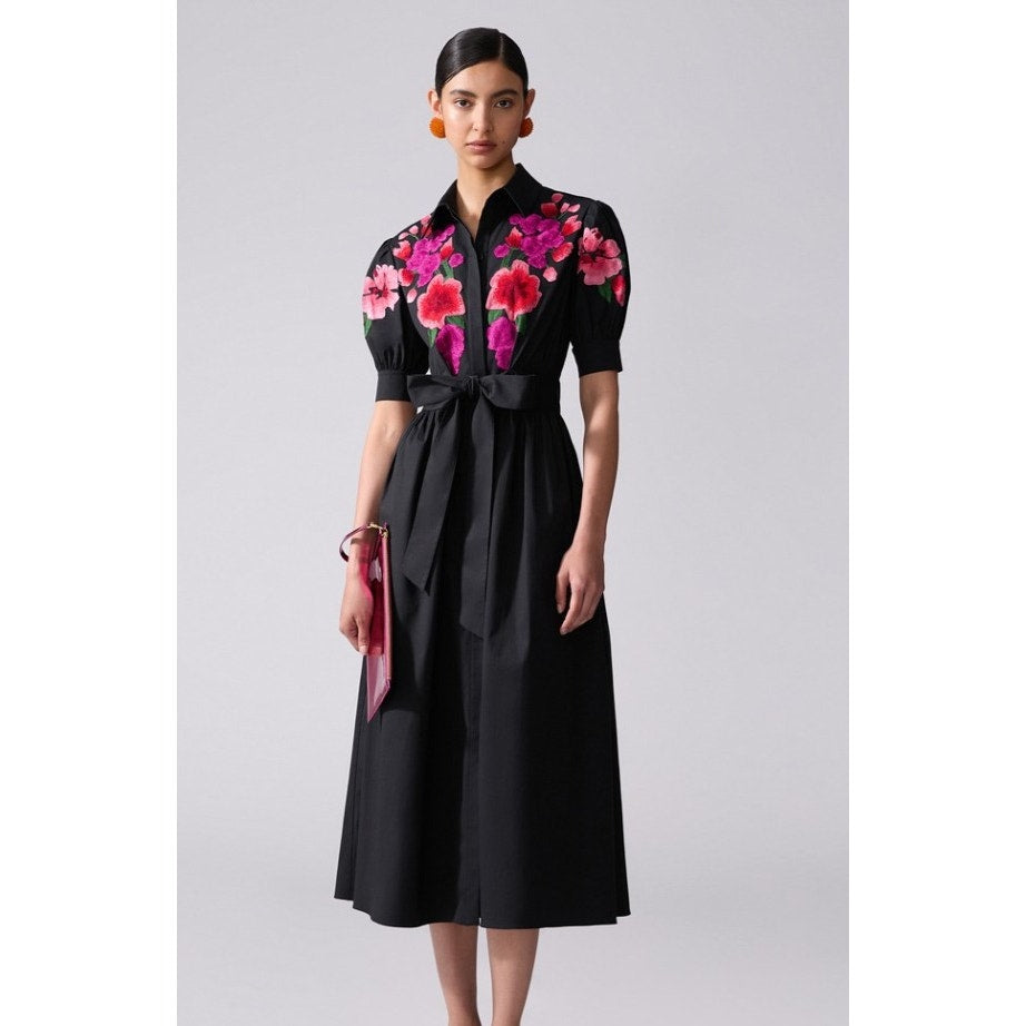 NWT Carolina Herrera Black Multi Floral Embroidered Shirt Dress w/ Tie Womens 2