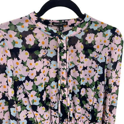 J. Crew Mercantile Button Up Drapey Tie Front Dress Navy Pink Floral Womens XS