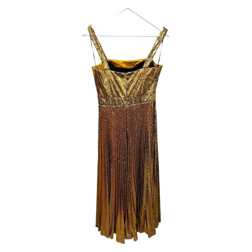 NWT SemSem Pleated Gold Sequin Embellished Sleeveless Tulle Gown Womens 4