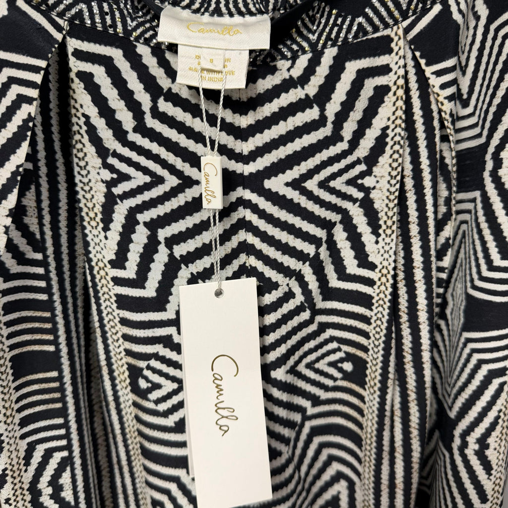 NWT Camilla Pure Silk Tuck Front Pant White Black Geo Print Embellished Small
