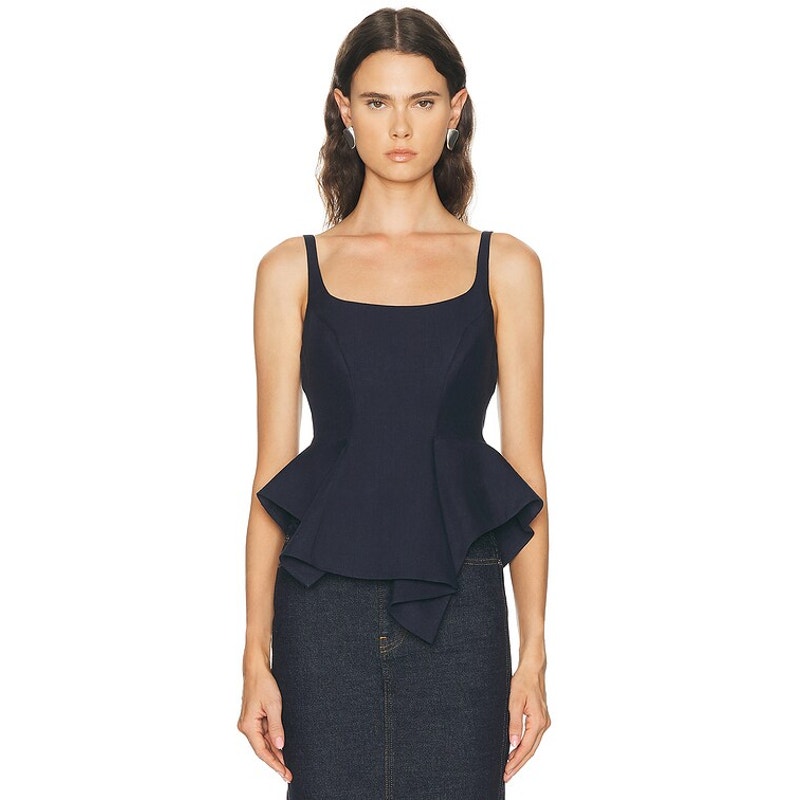 NWT KHAITE Dark Navy Handkerchief Hem Loa Peplum Linen Top Womens 2