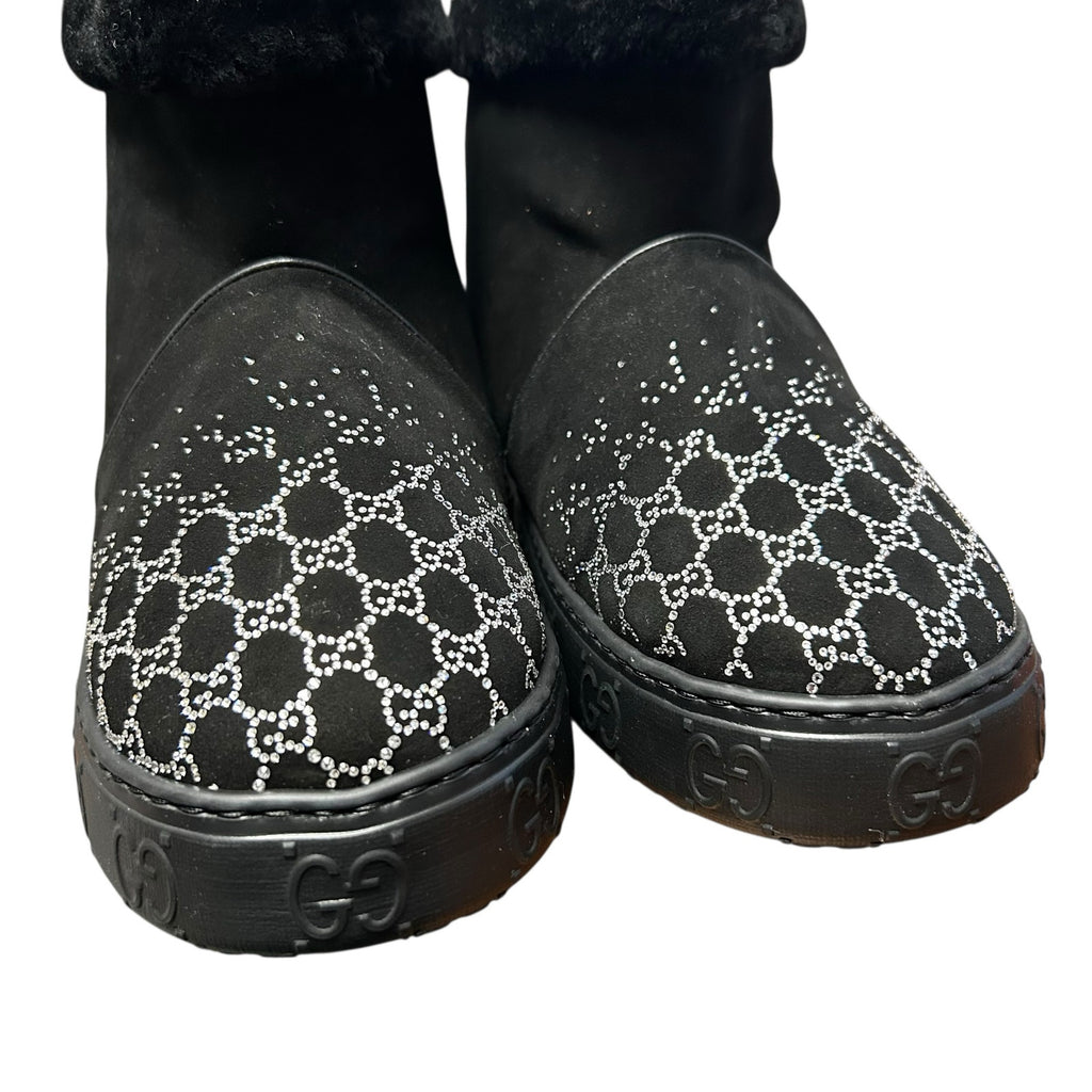 Gucci GG Crystal Motif Black Suede Boot with Merino Wool Lining Womens 39 / US 9