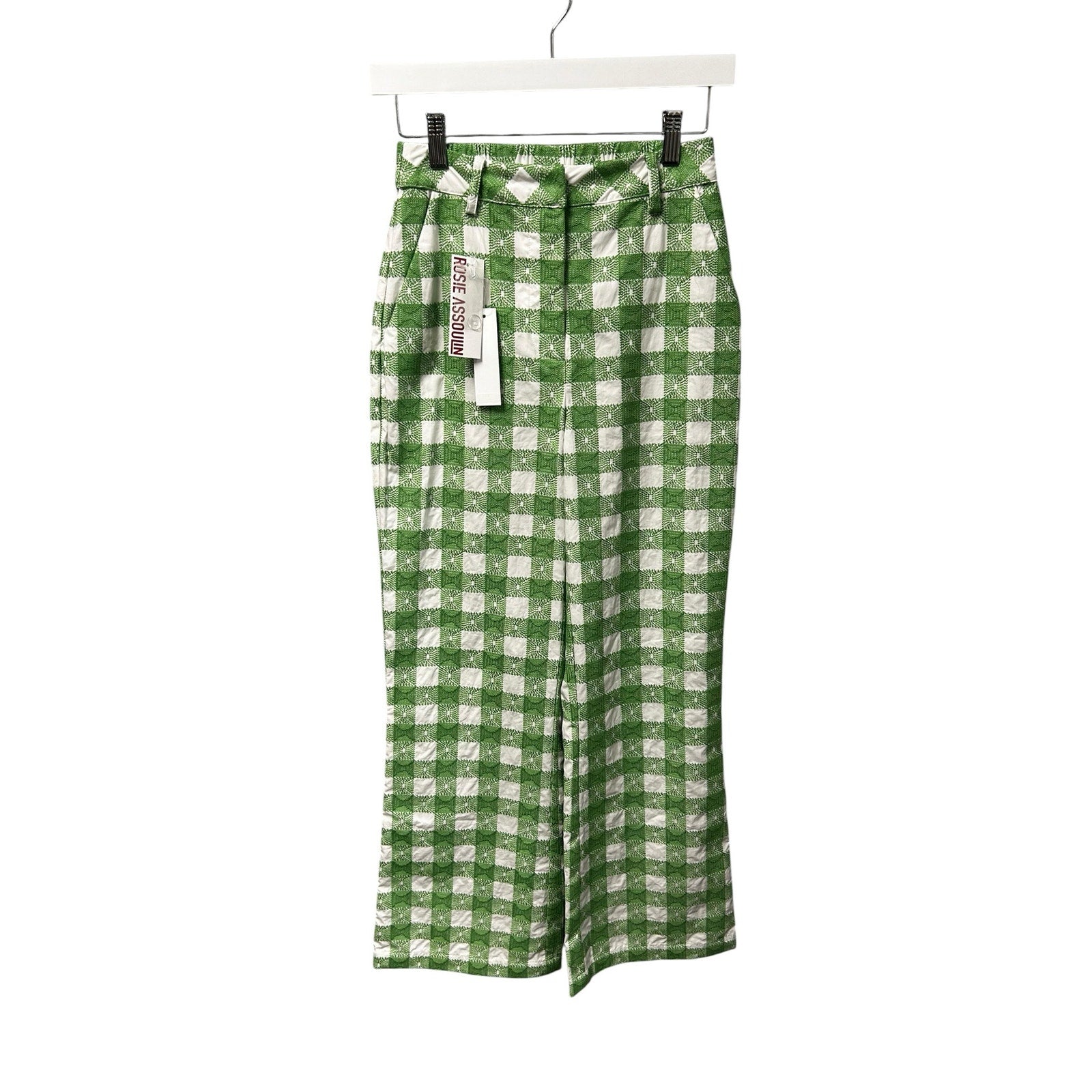 NWT Rosie Assoulin Green Picnic Embroidered Gingham Easy Does It Pant Womens 0