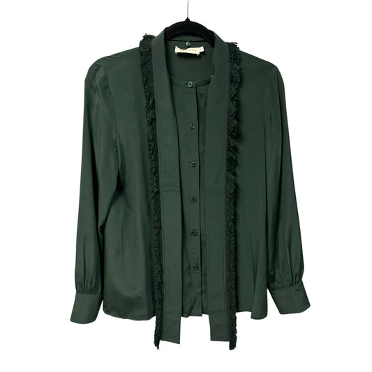 Tory Burch Green 100% Silk Long Sleeve Fringe Tie Button Up Shirt Womens Size 4
