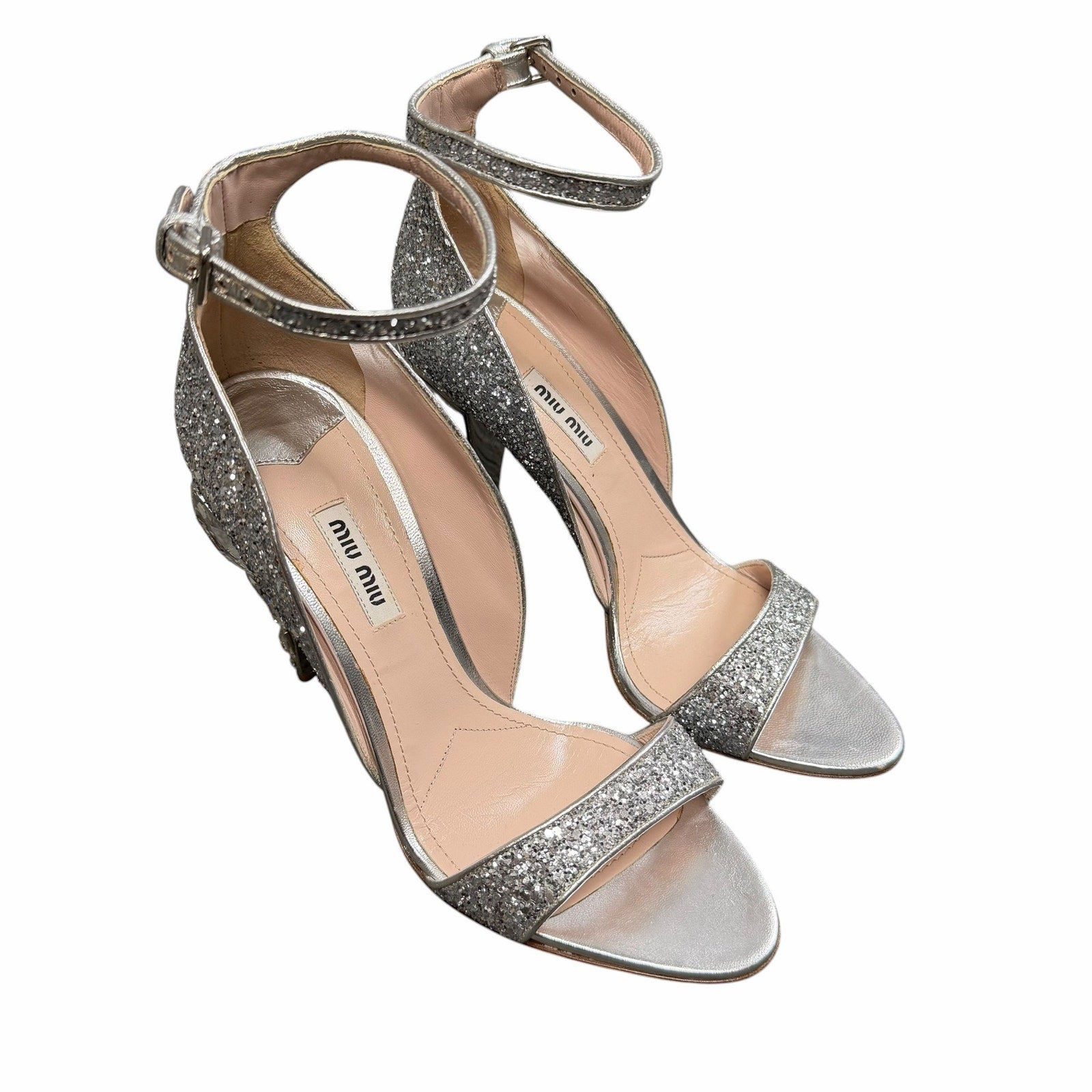 Miu Miu Swarovski Crystal Embellished Glitter Leather Sandals Size 39.5 / US 9.5
