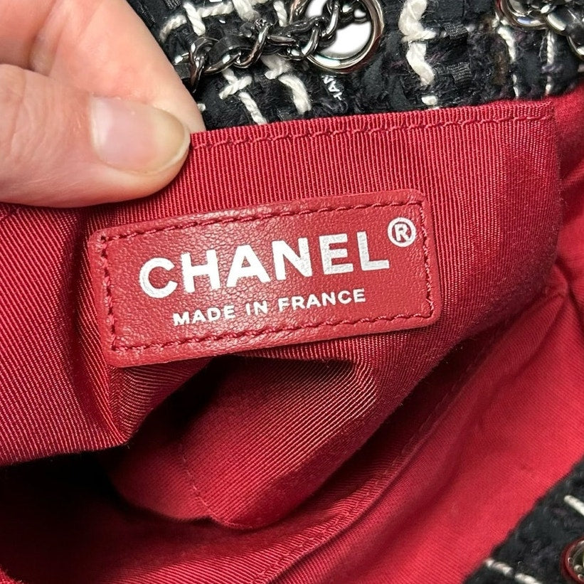 Chanel Gabrielle Black & White Tweed Leather Drawstring Bucket Bag