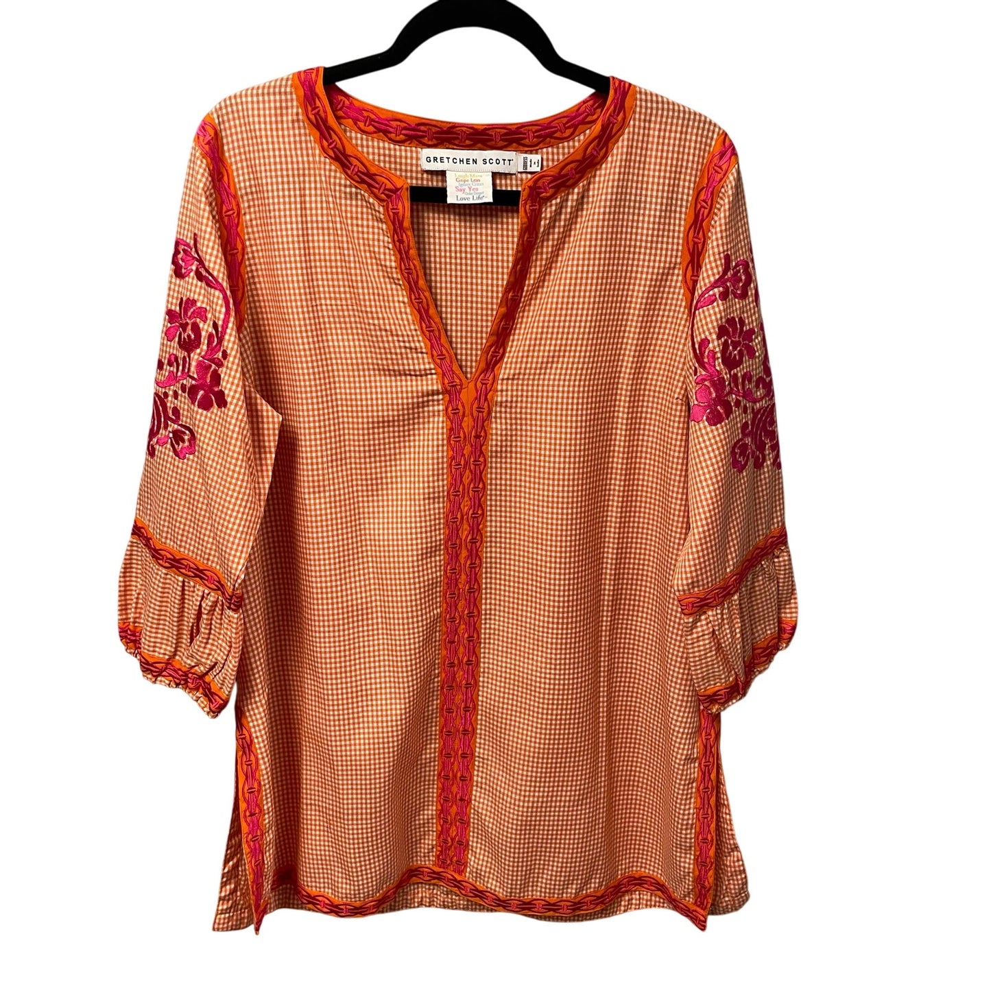 Gretchen Scott Orange White Gingham Pink Floral Embroidered Tunic Goddess / XXL