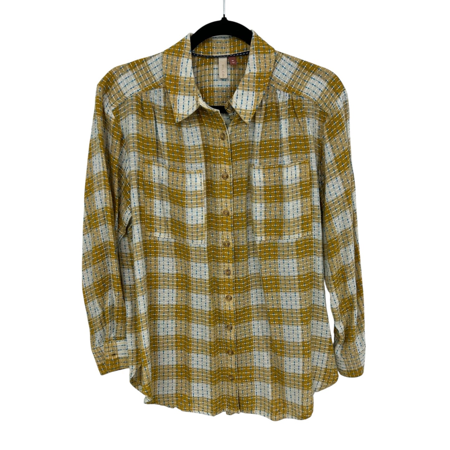Pilcro Yellow Plaid Blue Stitched Button Down Shirt Womens Size Petite Medium