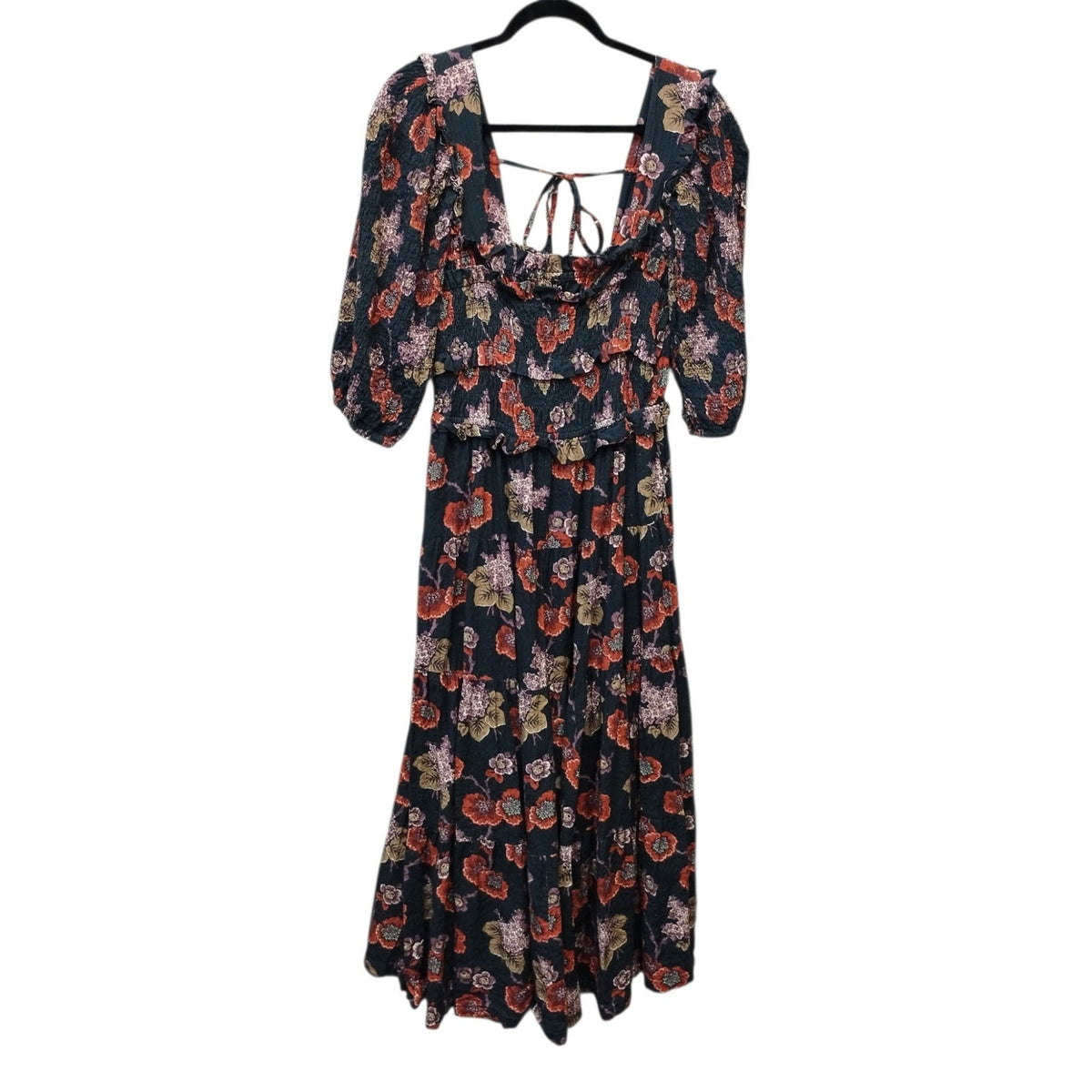 Sea New York Lucinda Smocked Puff Sleeve Maxi Dress Large Floral Tiered Pockets