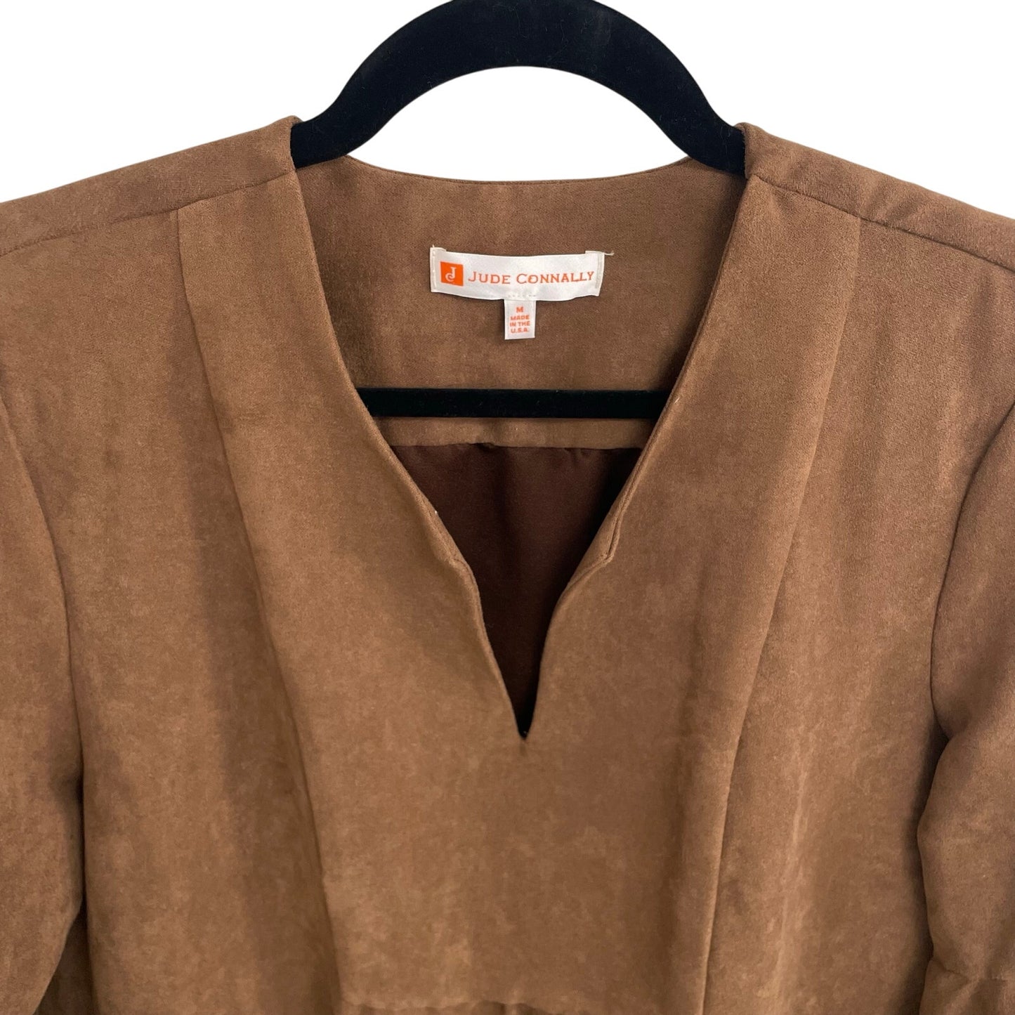 Jude Connally Kerry Faux Suede V Neck Side Pocket Shift Dress Brown Size Medium