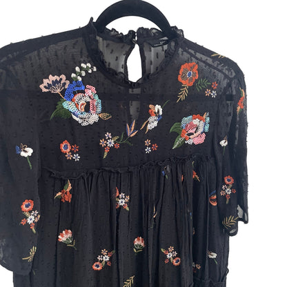 Zara Woman Mesh Dot Black Floral Embroidered Short Sleeve Dress Size Medium