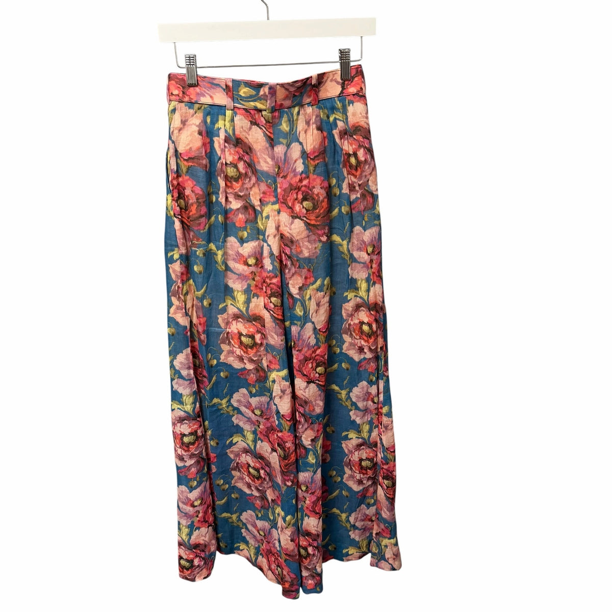 Zimmermann Floral High Rise Wide Leg Ramie Pants Belted Teal Pink AU 0 / US 4