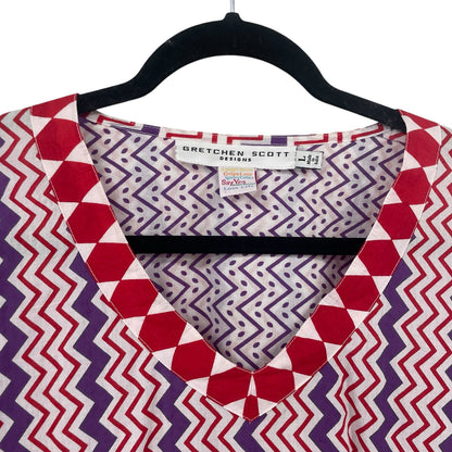 Gretchen Scott V Neck 3/4 Sleeve 100% Cotton Red Purple Geo Print Top Large