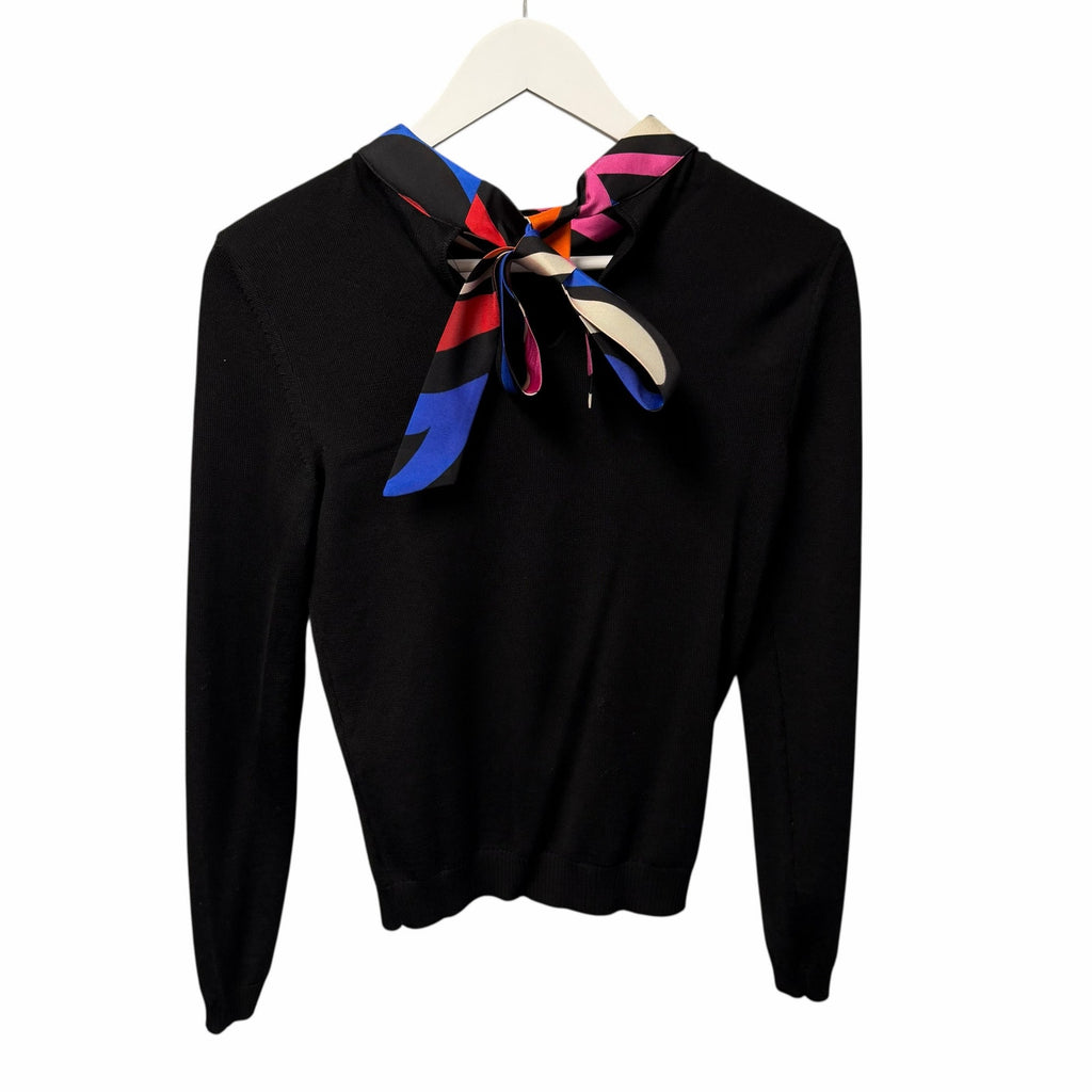 NWT Emilio Pucci Marmo Silk Collar Wool Jumper Sweater Black Tie Back Size Small