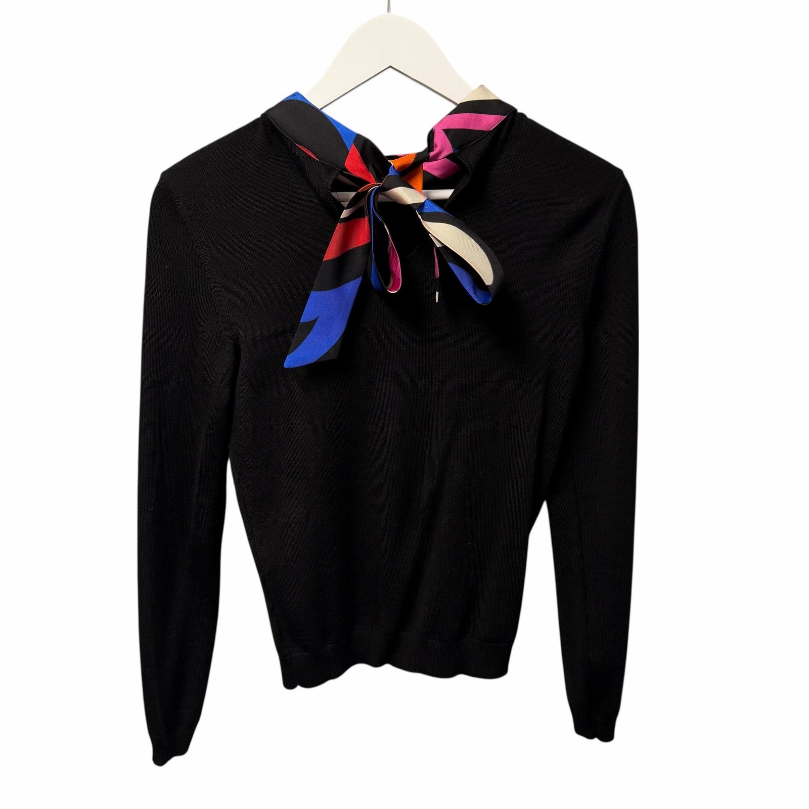NWT Emilio Pucci Marmo Silk Collar Wool Jumper Sweater Black Tie Back Size Small