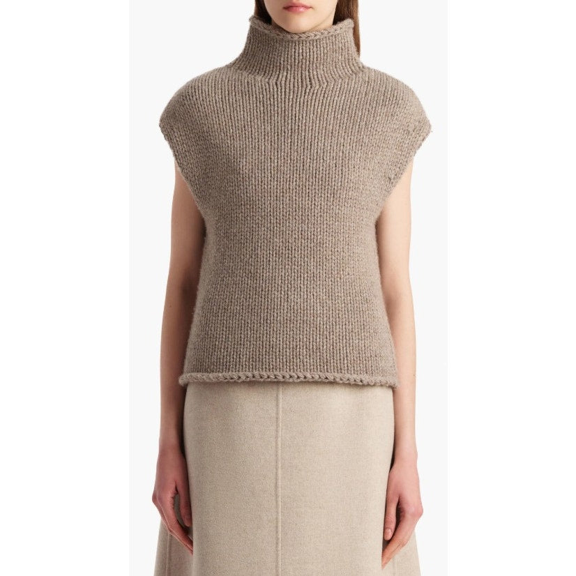 NWT Khaite Sly Top in Sepia Pure Cashmere Knit Stand Collar Cap Sleeves Size XS