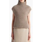 NWT Khaite Sly Top in Sepia Pure Cashmere Knit Stand Collar Cap Sleeves Size XS