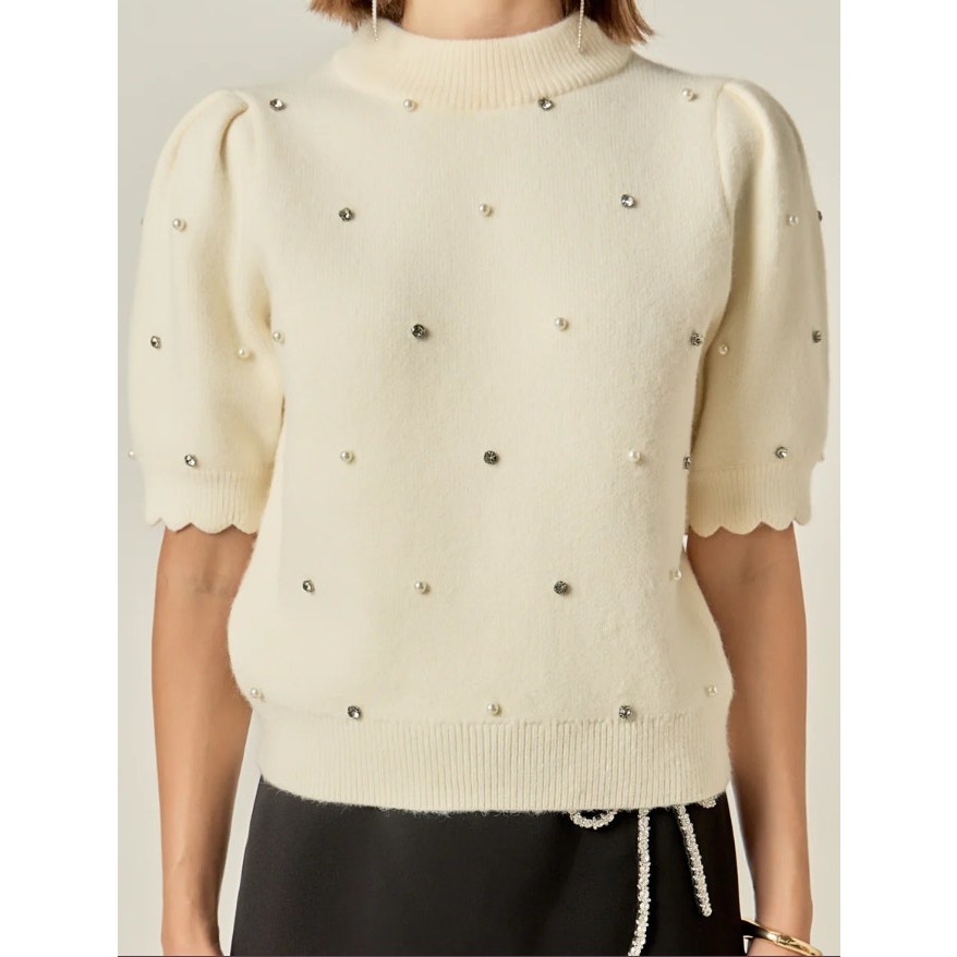 English Factory Scalloped Puff Sleeve Embellishment Knit Sweater Ivory Small