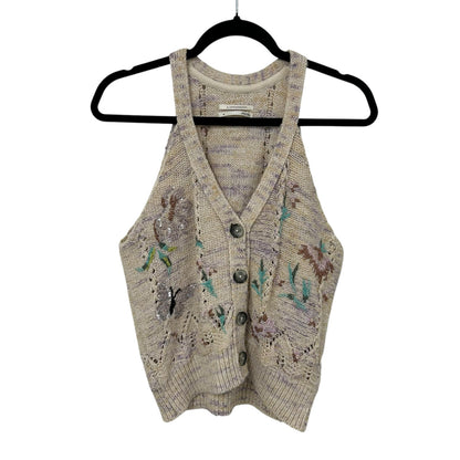 by Anthropologie Tan Multicolor Gardenia Button-Up Sweater Vest Womens Medium