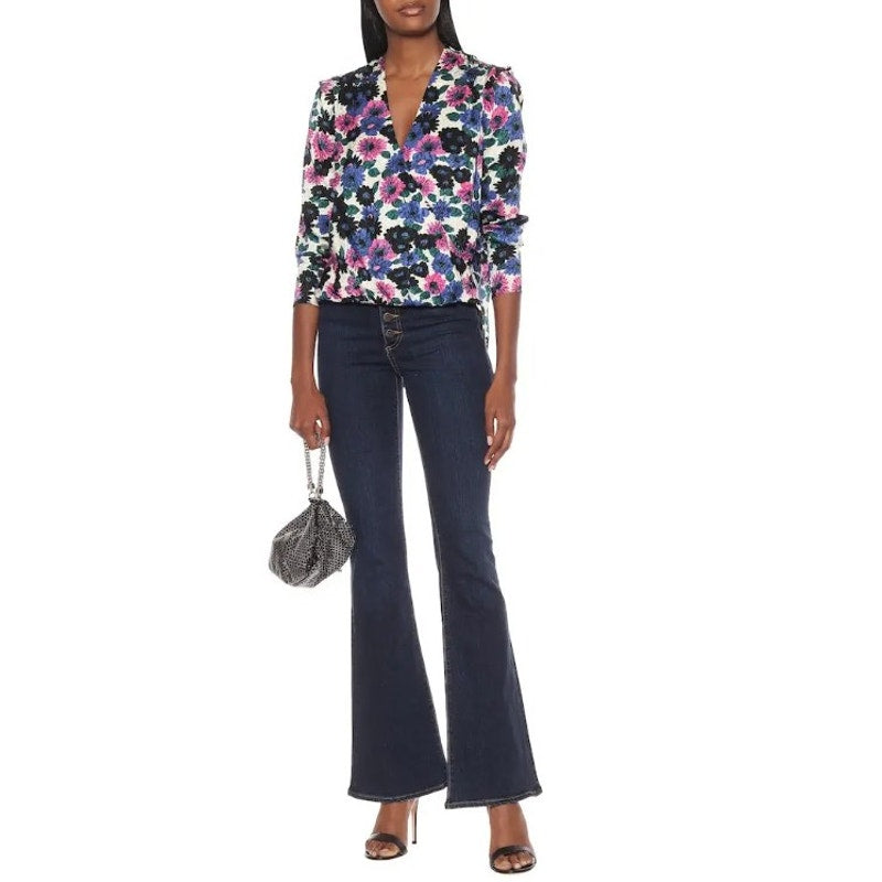 Veronica Beard Blue Pink Multicolor Buzio Floral Stretch Silk Top Womens 4