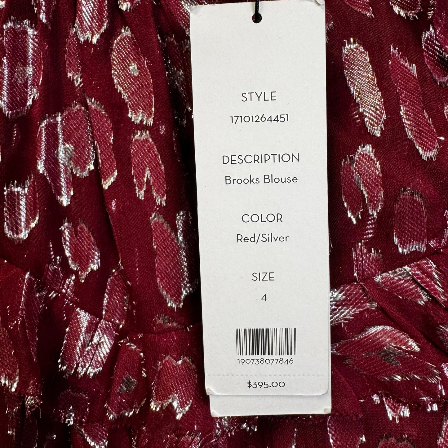 NWT Veronica Beard Red Silver Long Sleeve Mock Neck Brooks Blouse Womens 4