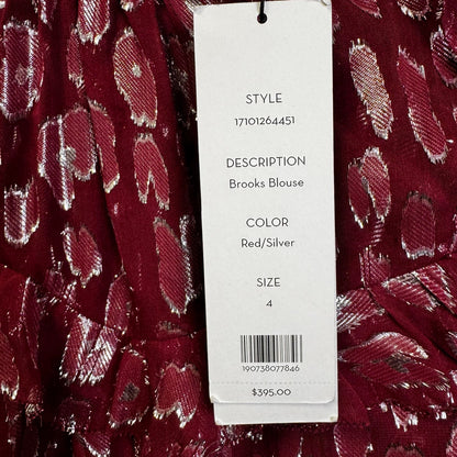 NWT Veronica Beard Red Silver Long Sleeve Mock Neck Brooks Blouse Womens 4