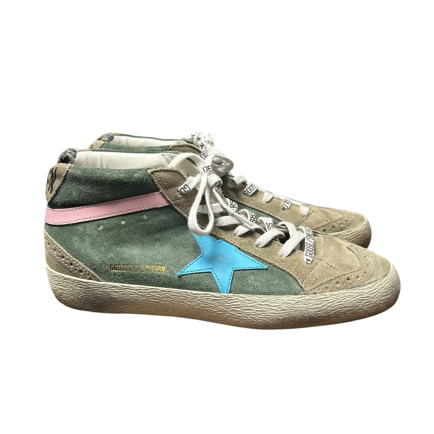Golden Goose Mid Star Green Tan Suede Blue Star Lace Up Sneakers Womens 39 / 9