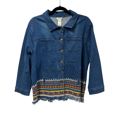 Multiples Blue Multicolor Embroidered Four Pocket Denim Jacket Womens Large