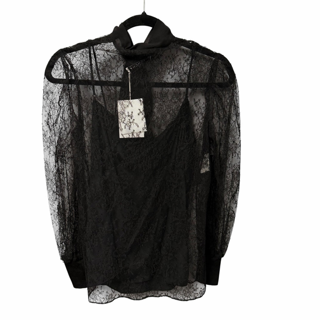 NWT Givenchy Black Lace Button Front Lavaliere Silk Tie Neck Blouse FR 36 / US 4