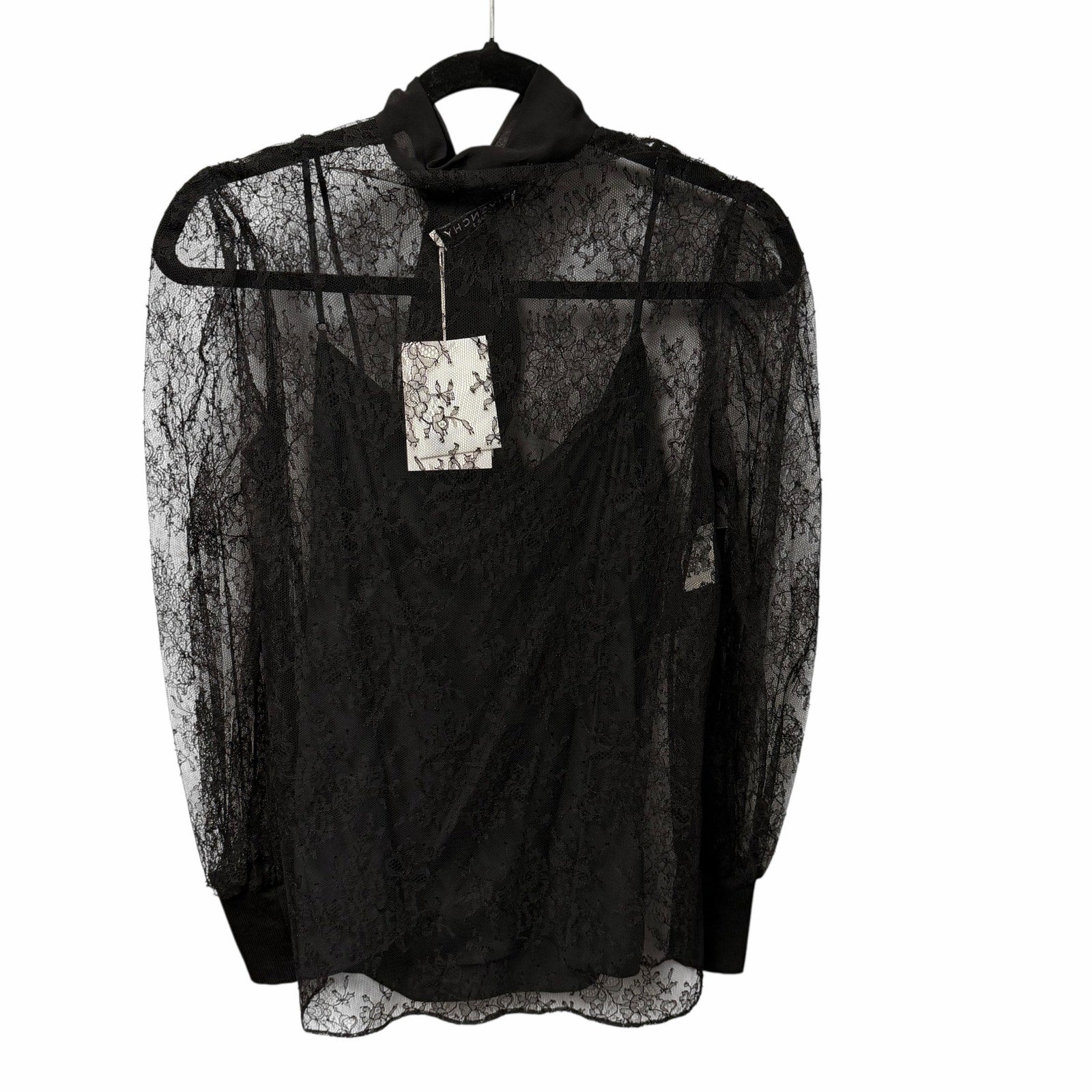 NWT Givenchy Black Lace Button Front Lavaliere Silk Tie Neck Blouse FR 36 / US 4