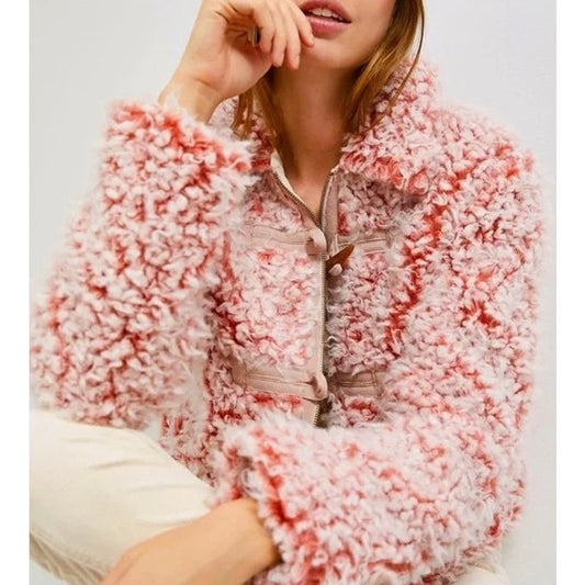 By Anthropologie Brenna Faux Fur Coat Pink Sherpa Teddy Womens Size XS