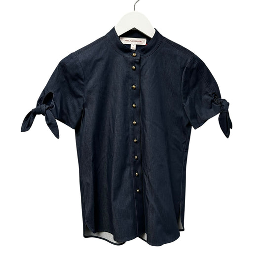 NWT Carolina Herrera Dark Navy Tie Sleeve Collarless Button Down Top Womens 0