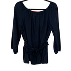 Carolina Herrera Cotton Silk Blend Navy 3/4 Sleeve Belted Blouse Womens 12