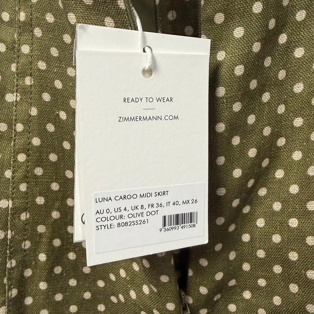 NWT Zimmermann Luna Cargo Midi Skirt Olive Dot Pure Linen Size AU 0 / US 4