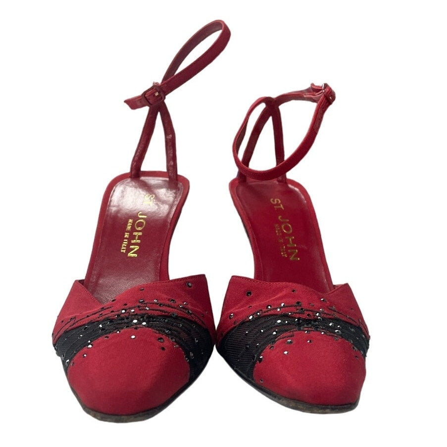 St. John Red Black Beaded Lace Ankle Strap Closed Toe Heels Womens 6.5