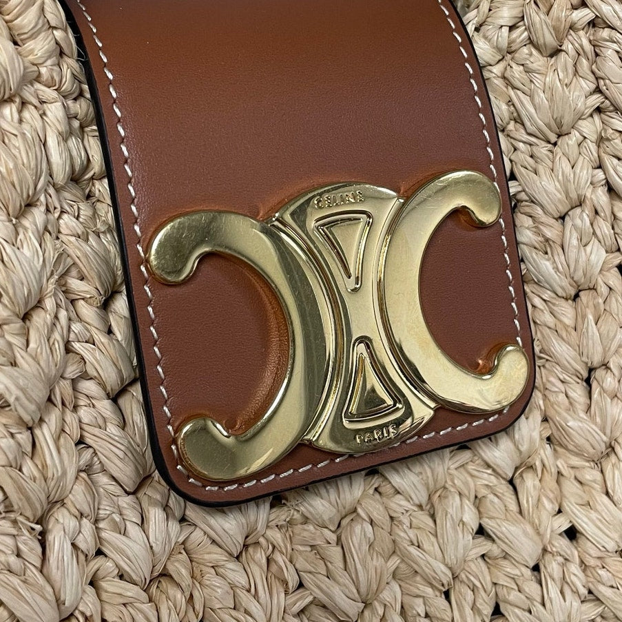 Celine Cabas Triangle Raffia and Calfskin Leather Tote Handbag in Natural / Tan