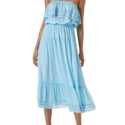 Melissa Odabash Blue Clara Celeste Strapless Tiered Midi Dress Womens Large