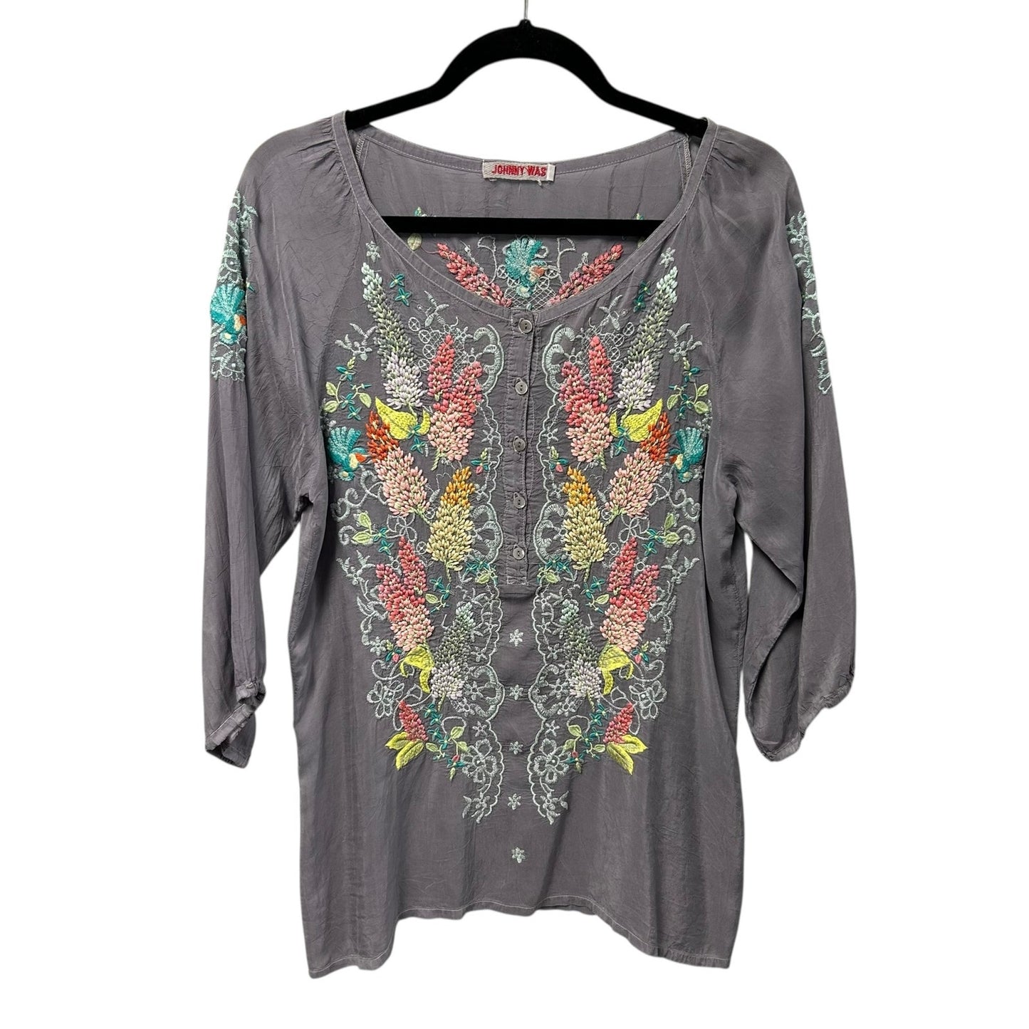 Johnny Was Gray Multicolor Floral Print 3/4 Sleeve Button Front Top Womens Small