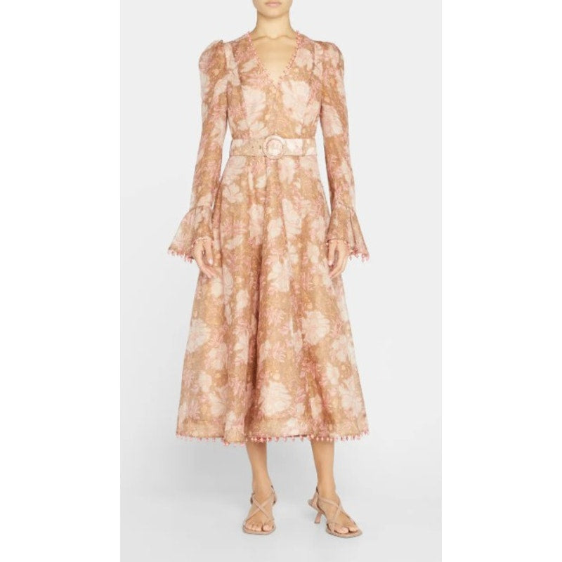 Zimmerman Floral Puffed-Sleeve Belted Midi Dress with Beaded Trim Womens 0 US 4