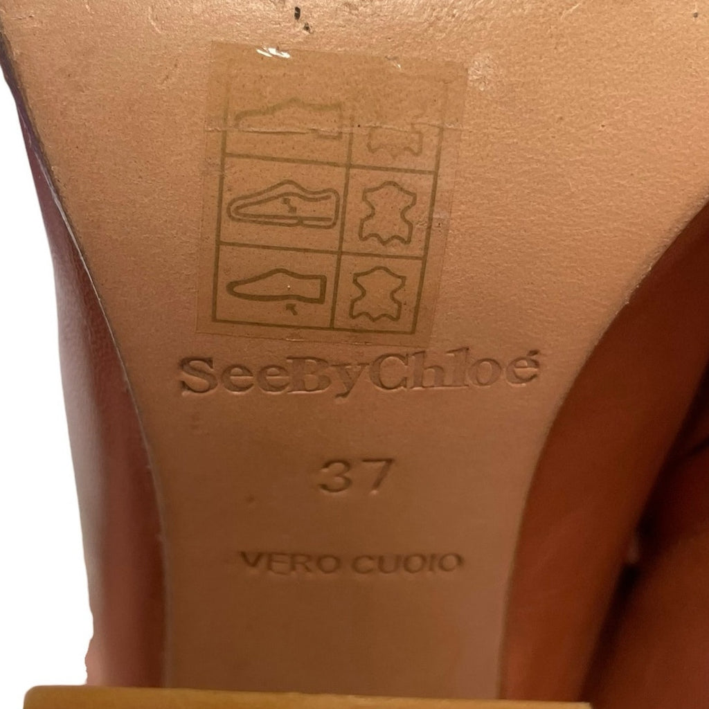 See By Chloe Brown Leather Side Zip Flared Block Heel Ankle Bootie Size 37 US 7