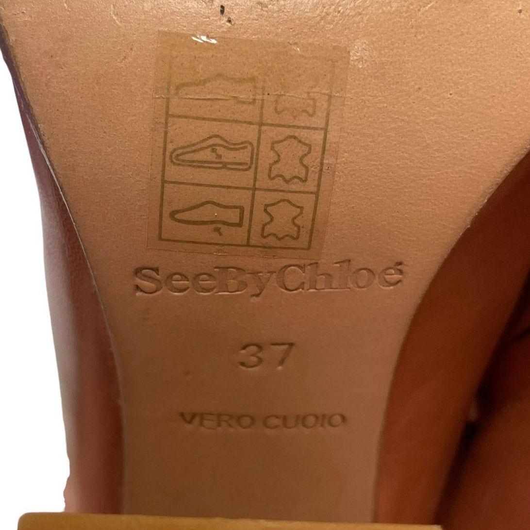 See By Chloe Brown Leather Side Zip Flared Block Heel Ankle Bootie Size 37 US 7
