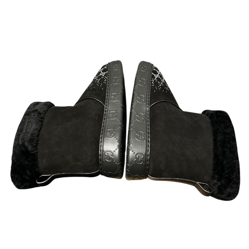 Gucci GG Crystal Motif Black Suede Boot with Merino Wool Lining Womens 39 / US 9