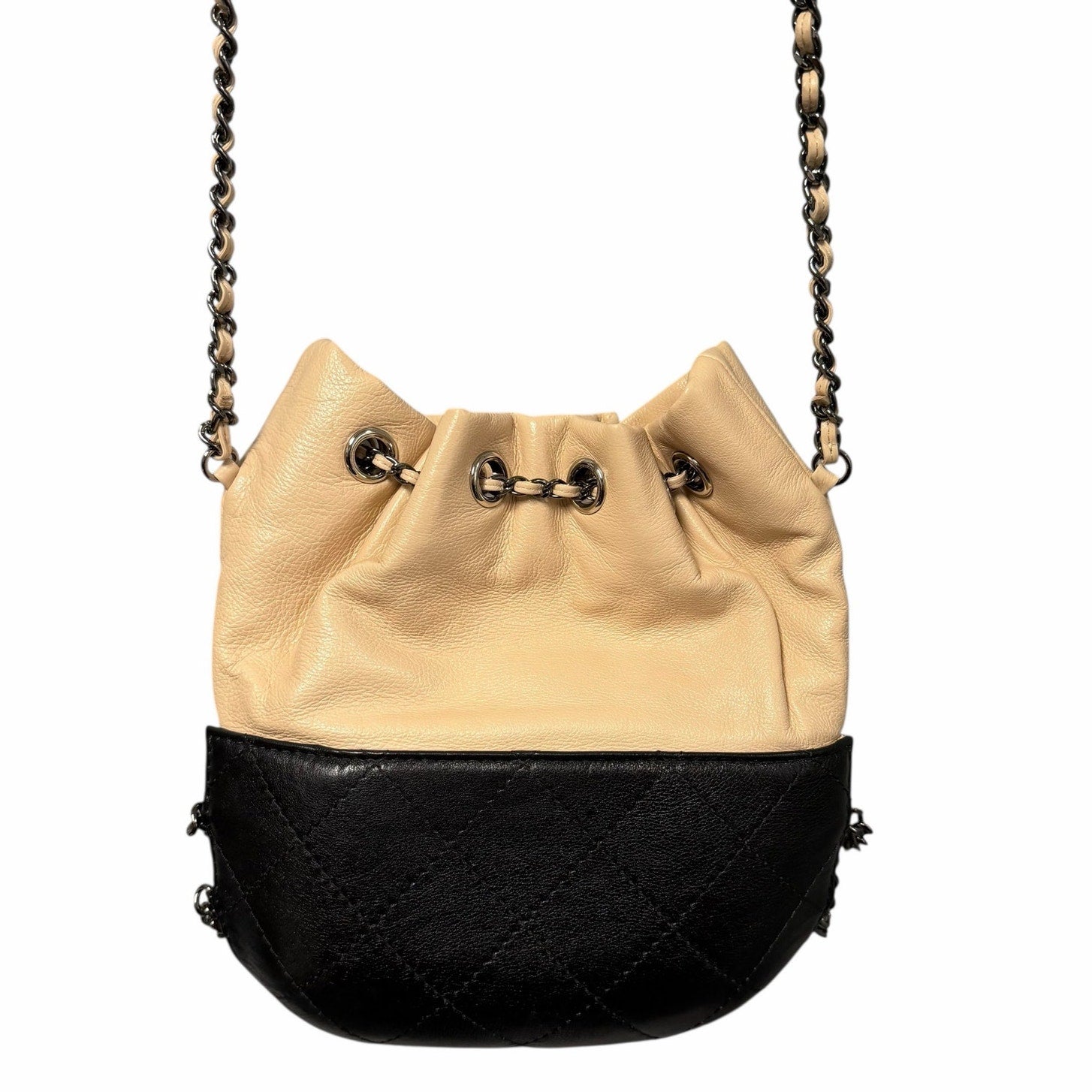 Chanel Gabrielle Bucket Bag Beige Black Quilted Leather CC Logo Chain Link Strap