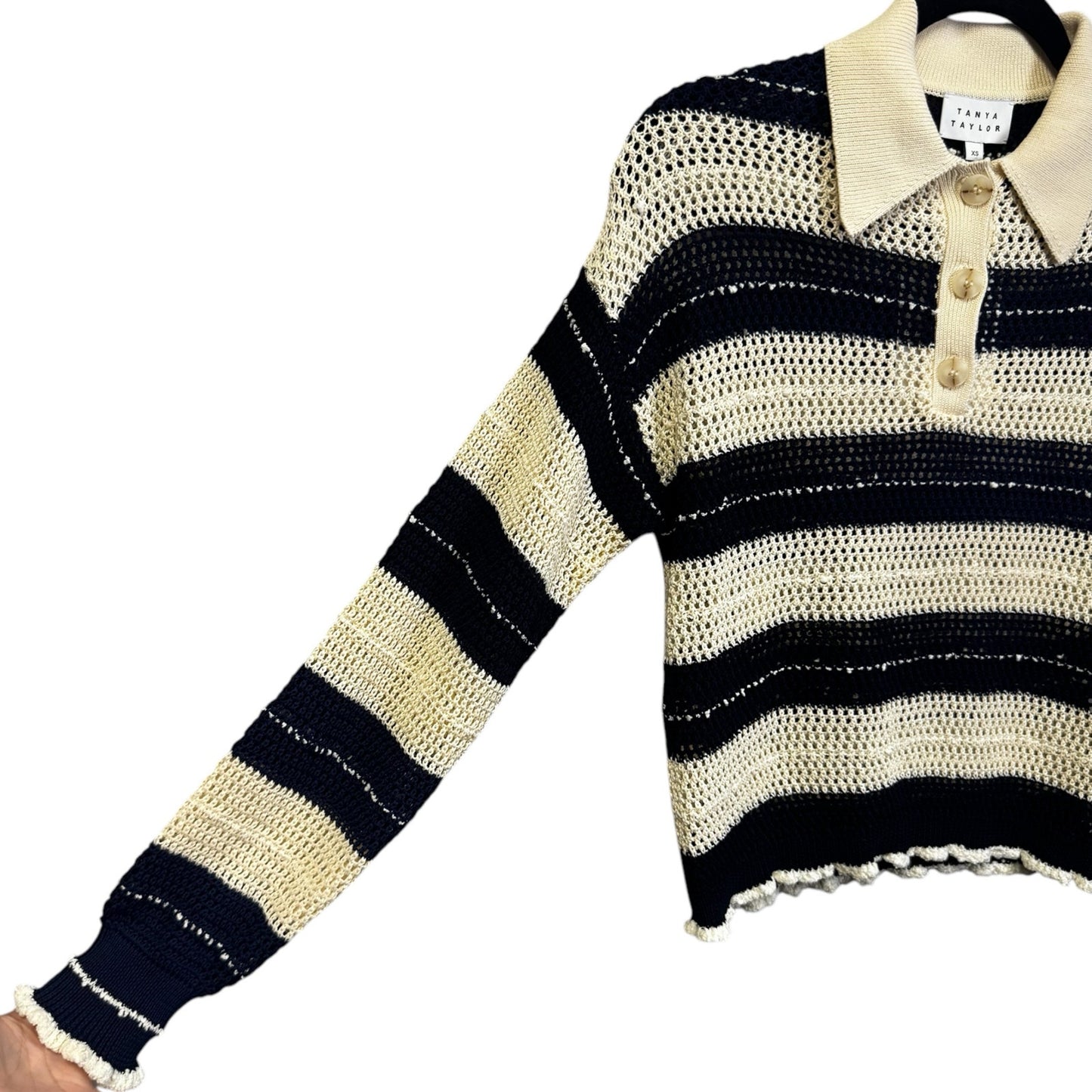 NWT Tanya Taylor Ivory Navy Long Sleeve Quinn Cotton Knit Sweater Womens X-Small