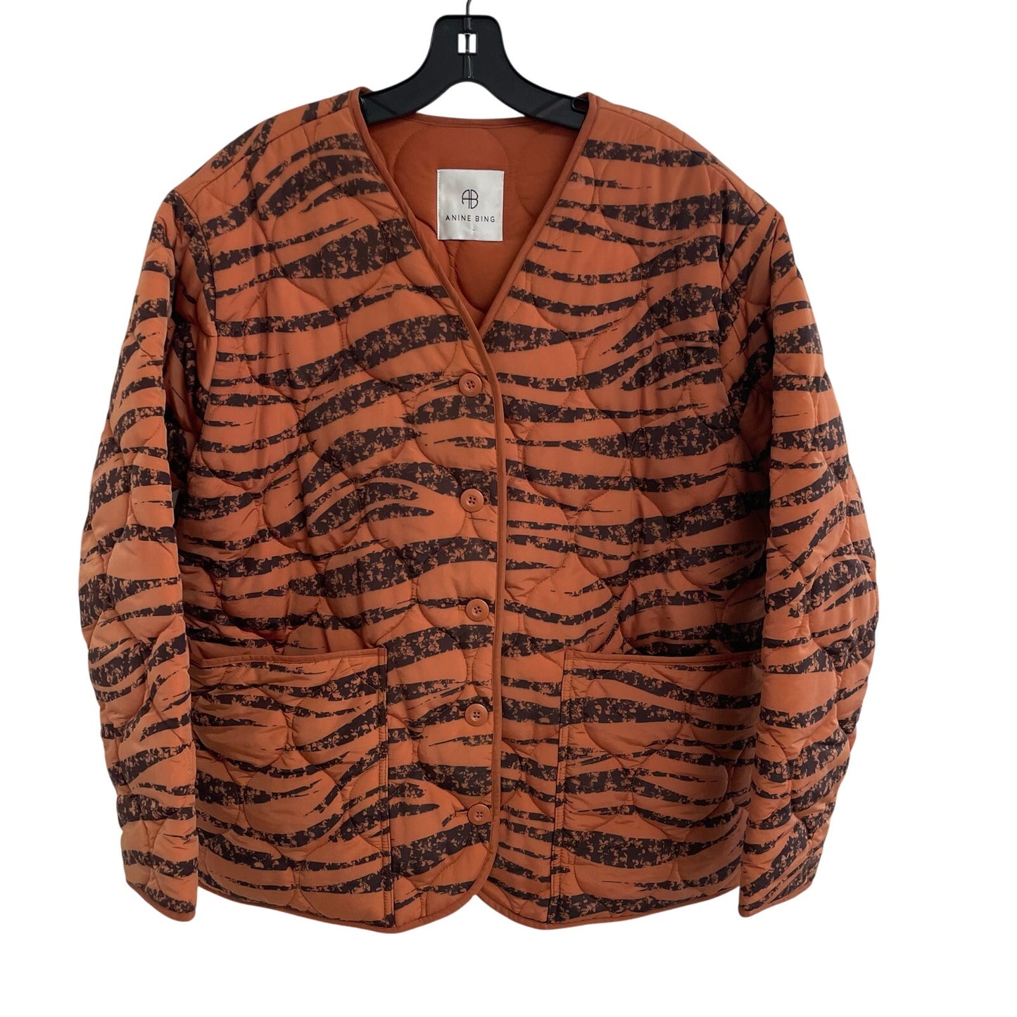 Anine Bing Elizabeth Quilted Tiger Print Shell Jacket in Brick Womens Medium