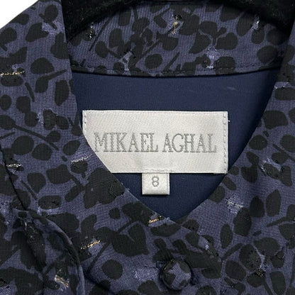 NWT Mikael Aghal Printed Metallic Fil Coupé Chiffon Midi Dress In Navy Womens 8