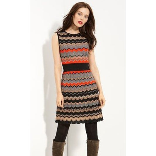NWT Missoni Black Red Metallic Zigzag Stripe Sleeveless Wool Dress Womens 40
