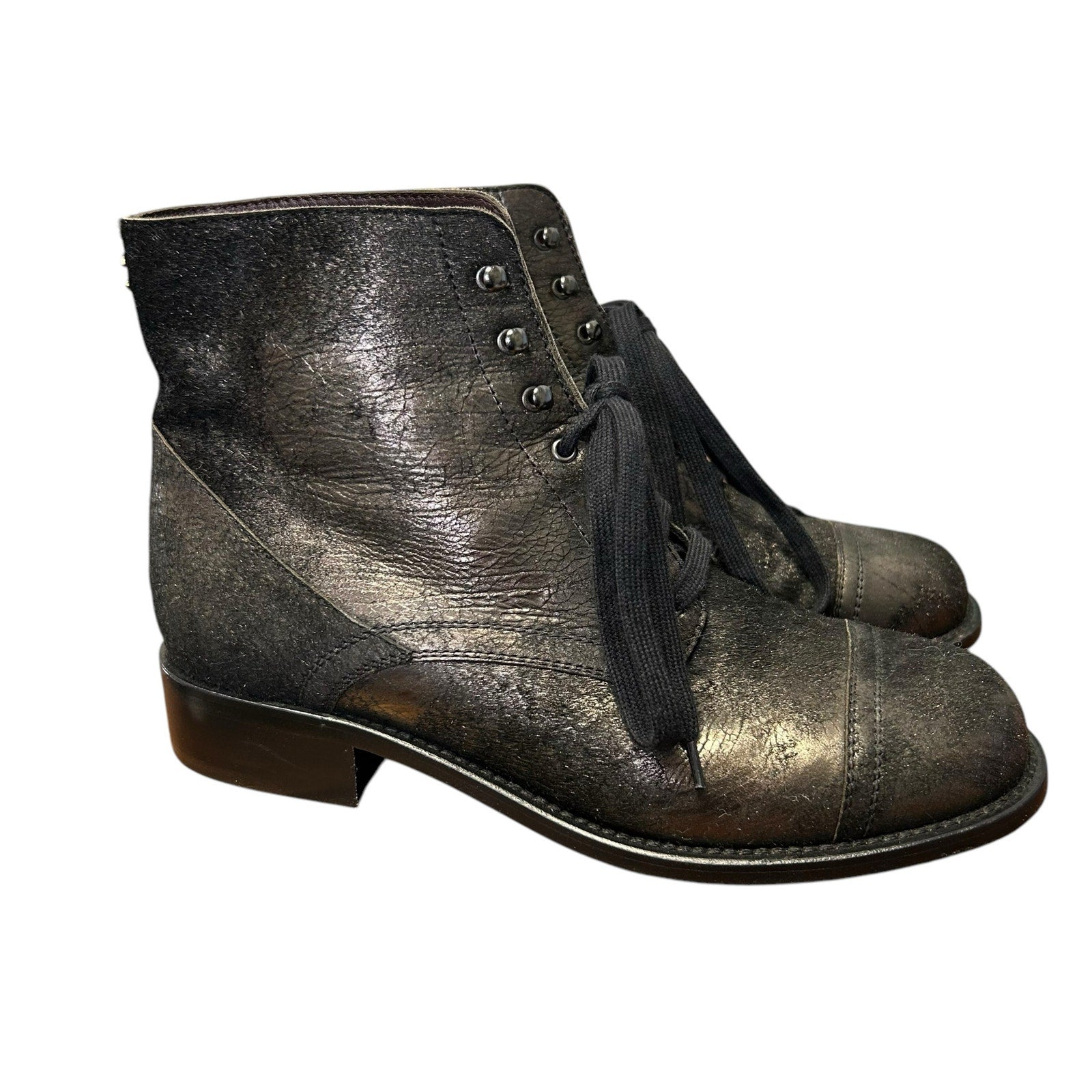 Chanel Black Gold Metallic Lace Up Leather Short Boots Size 39.5 / US 8.5